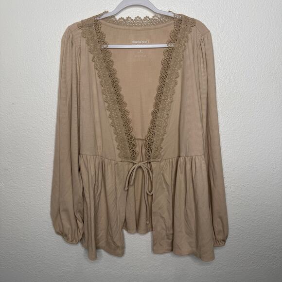 Torrid Womens Top Size 3X Super Soft Rib V-Neck Lace Trim Tie Front Long Sleeve - Picture 2 of 15